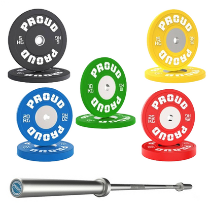 PROMO - OBCIĄŻENIE OLIMPIJSKIE BUMPER COMPETITION COLOR 5-25KG + GRYF WEIGHTLIFTING 20KG PROUD
