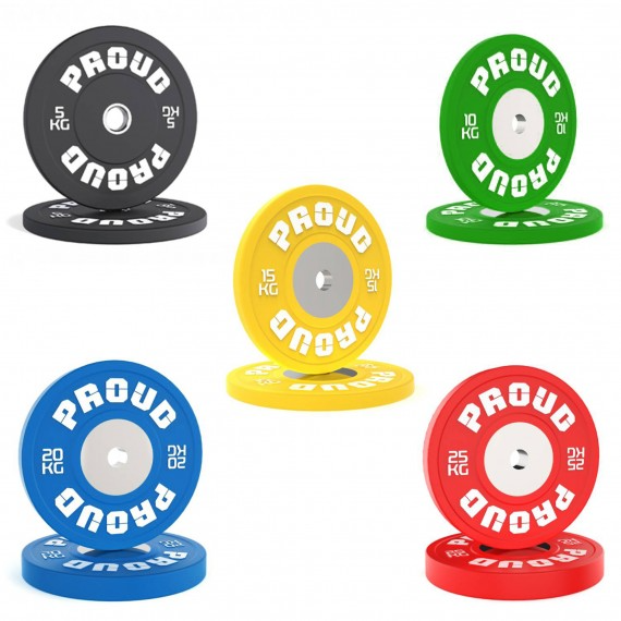 PROMO - OBCIĄŻENIE OLIMPIJSKIE BUMPER COMPETITION COLOR 5-25KG + GRYF WEIGHTLIFTING 20KG PROUD