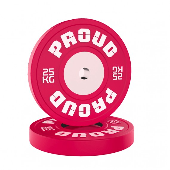 PROMO - OBCIĄŻENIE OLIMPIJSKIE BUMPER COMPETITION COLOR 5-25KG + GRYF WEIGHTLIFTING 20KG PROUD